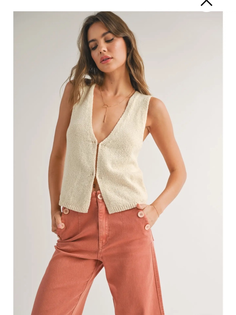 Cream Knit Sleeveless Button-Front Vest